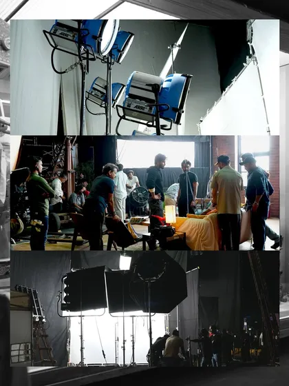 A look at the various lighting fixtures used on the 'Let's Vibe' set, including ARRI fresnels and softboxes, to create a polished look.