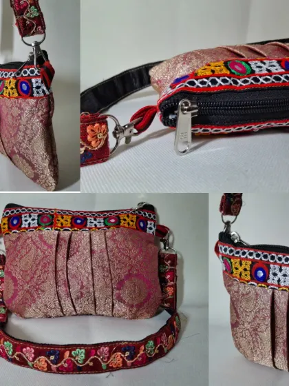 This collage shows a beautiful, handcrafted pouch made from upcycled traditional fabric. It's a great example of how I can transform leftover materials into unique accessories.