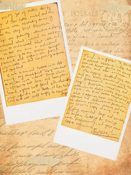 Pratishtha's handwritten note detailing her amazing experience and the meanings behind her four new minimal tattoos.