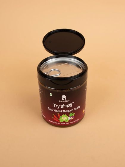An open-lid shot of the Gajar Gobhi Shalgam Pickle.