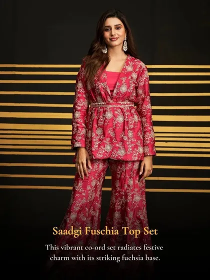 The Saadgi Fuschia Top Set is a vibrant co-ord that radiates festive charm. It's a modern and fun choice for a mehendi or sangeet.