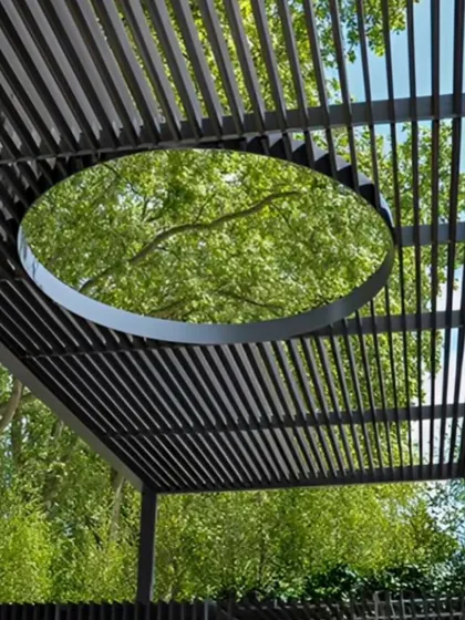 A unique rafter pergola design featuring a circular cutout, allowing a view of the sky and trees above. This creative detail adds an artistic touch to the structure, framing nature within the architecture.