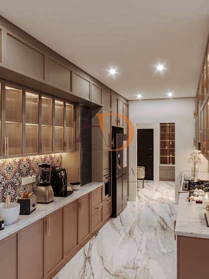 A parallel kitchen with dusty rose cabinets, fluted glass uppers, and a vibrant, handcrafted patterned tile backsplash.