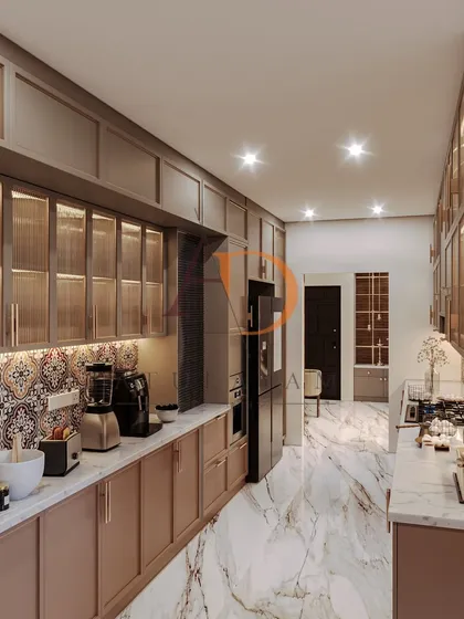 This parallel kitchen design features a striking patterned tile backsplash, matte-finish cabinets, and fluted glass shutters for a look of functional elegance.