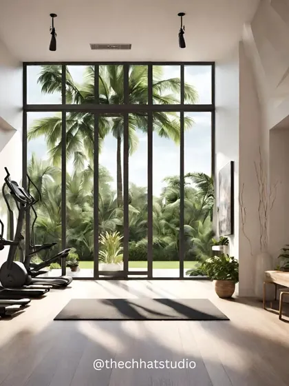 A concept for a fitness studio where the outdoors and indoors merge. We used floor-to-ceiling windows to flood the space with natural light and offer serene views of palm trees, creating a motivating and holistic environment that elevates the workout experience.