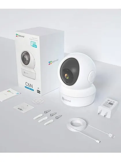 When we install an EZVIZ C6N camera, you get everything you need right in the box. This includes the camera, power adapter, cable, and mounting hardware for a clean setup.