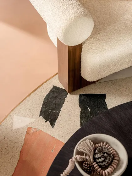A detail of the custom Venetian terrazzo floor, where each piece of marble was hand-placed to create the perfect composition.
