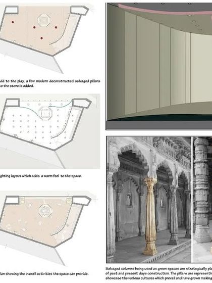 Design process plans for the BIAL airport store, detailing the floor layout and the integration of traditional pillars with modern display units.
