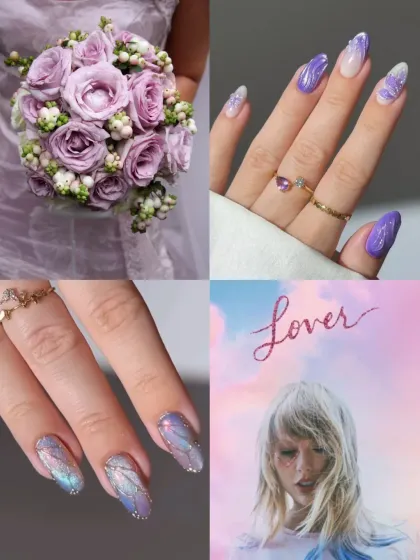 For the 'Lover' in you. This moodboard showcases iridescent purple and pink nails, reflecting the dreamy, romantic, and colorful vibe of the album.