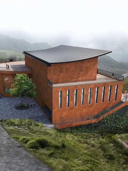 This concept for a project in the hills fuses rectilinear forms with a sweeping, curved roof. The design creates a dynamic harmony between the structure and the natural landscape, with viewing decks that offer panoramic vistas of the serene surroundings.