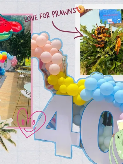 Details from a fun-filled 40th birthday pool party. The decor included a large "40" sign decorated with a balloon garland, adding a personalized and festive touch to the celebration.