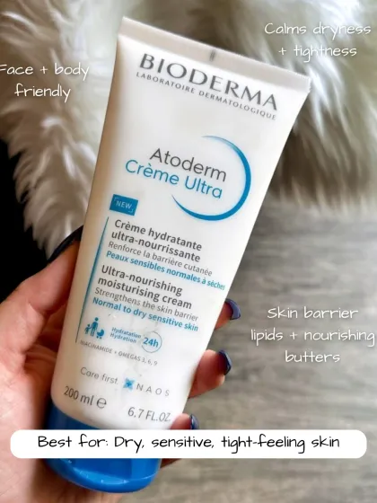 Bioderma Atoderm Crème Ultra is another favorite for dry, sensitive skin. It's face and body friendly, calms tightness, and helps strengthen the skin barrier with nourishing butters and lipids.