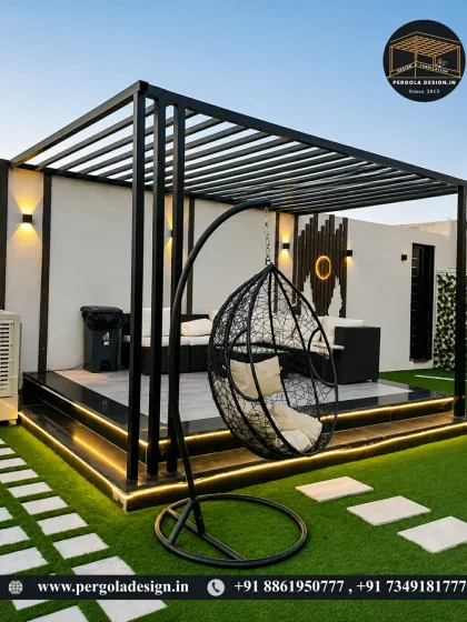 This rooftop setup shows a freestanding swing chair as a perfect complement to the main pergola lounge area. The combination of seating options makes the space versatile for both socializing and quiet relaxation.
