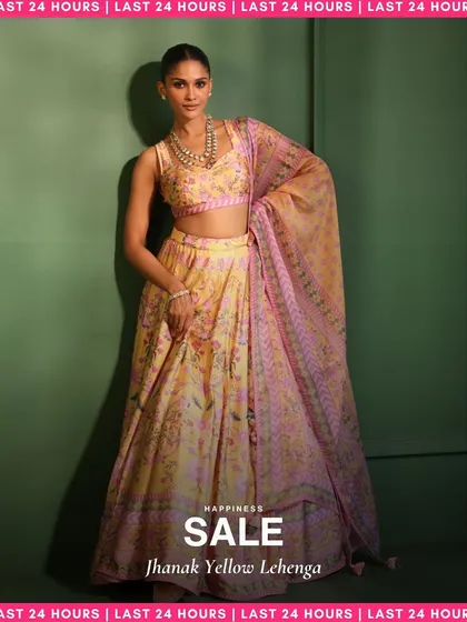 Deal of the day alert. The Jhanak Yellow Lehenga is sunshine and happiness all rolled into one. This is your last chance to grab this stunning floral lehenga set on sale.