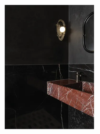 This powder toilet makes a dramatic statement with a monolith basin carved from red marble, set against dark charcoal IPS walls. The contrast between the veined red stone and the deep black walls, accented by a single nest-like wall light, creates a powerful and moody interior.