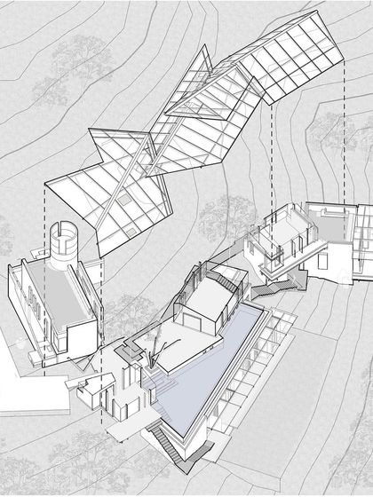 An exploded axonometric drawing of the Lateral Verandah House. This diagram deconstructs the project into its core components: the foundation, the living spaces, and the complex timber and steel roof structure that shelters them.