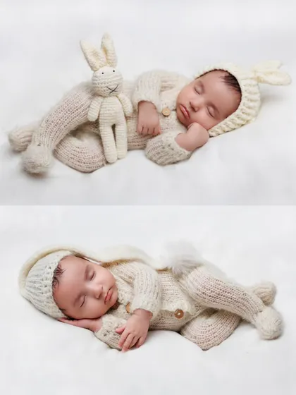A collage of a newborn sleeping peacefully in a cozy bunny outfit, both with and without a stuffed bunny prop.