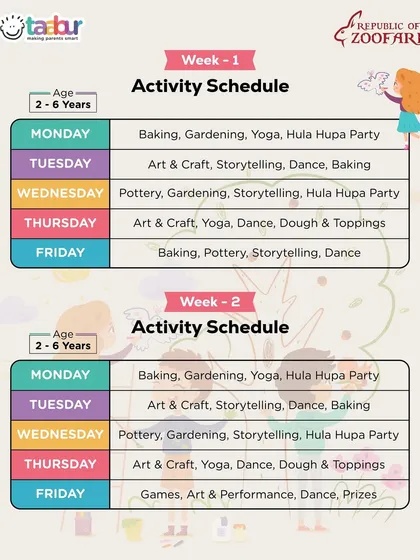 The detailed weekly activity schedule for the younger group (2-6 years) at the Zoofari Summer Camp, including baking, gardening, yoga, and art.