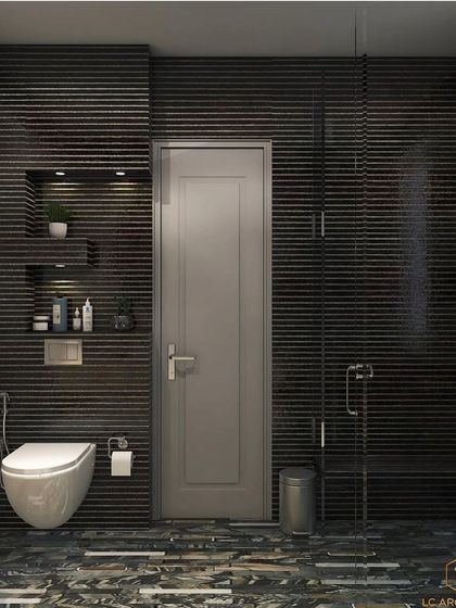 A concept for a bathroom with dark, fluted walls and a geometric tiled floor. The design is minimalist and moody, creating a sleek and modern sanctuary.