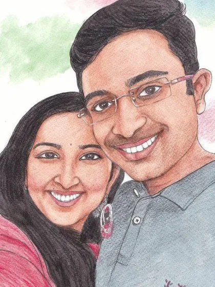 A classic, handmade portrait of a smiling couple, created with colored pencils for a soft, realistic look.