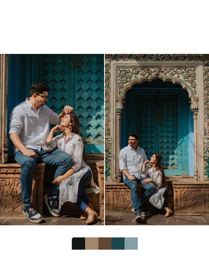 A diptych of a couple posing against a stunning, intricately carved blue door, highlighting our eye for architectural details in pre-wedding shoots.