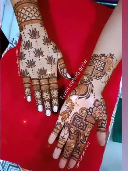 A modern and stylish design with two different patterns. One hand features a repeating lotus pattern, while the other has a more intricate, Arabic-inspired design.