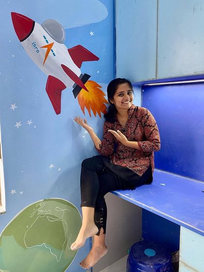 This rocket and Earth mural was for a little boy's room. His parents wanted to inspire him to dream big, and we think a custom ISRO-themed rocket blasting off into space is a great way to do that.