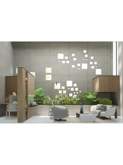 This visualization for 'House on Water' explores a study or lounge area with an integrated indoor garden and unique wall openings, blending work and nature.