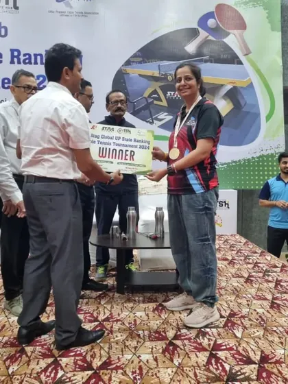 Mradula Pastor on the podium after winning the Gold medal in the 39+ Veterans category in Kanpur.