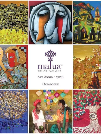 A glimpse into the variety of our Art Annual 2016 catalogue. This collage highlights the diverse styles we bring together, from abstract and figurative paintings to intricate mixed media works, representing a cross-section of contemporary Indian art.