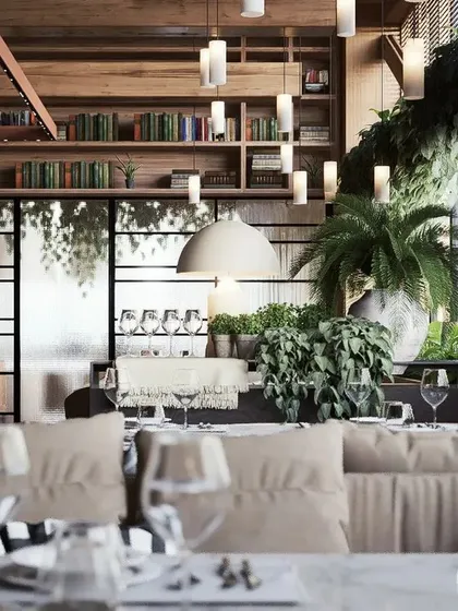 A duplicate of 106, highlighting the cozy and sophisticated atmosphere created by the mix of soft furnishings, books, and indoor plants.