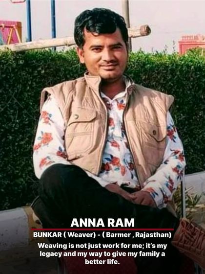 Anna Ram, a weaver from Barmer, took up Pattu weaving at 13 to support his family. Today, he works at our Malani Weaving Center, finding stability and fulfillment in his craft.