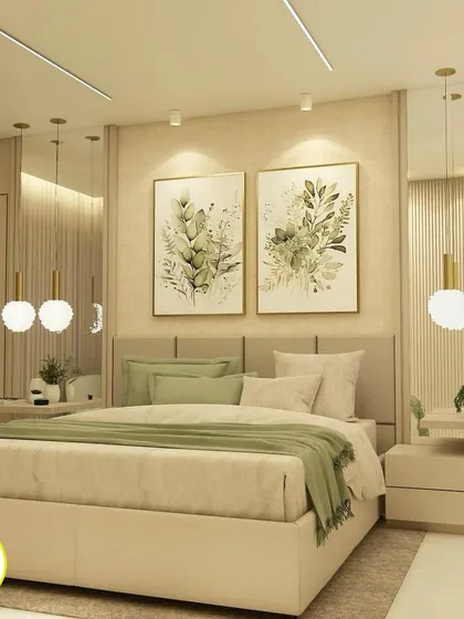 This front view of the bed highlights the botanical artwork and the elegant pendant lights that create a calm and relaxing atmosphere.