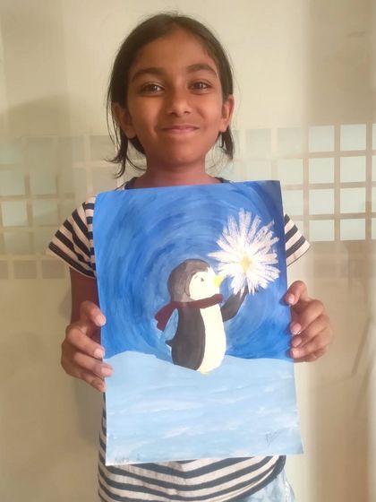 Another fantastic penguin painting, this one holding a glowing snowflake, created with acrylics.