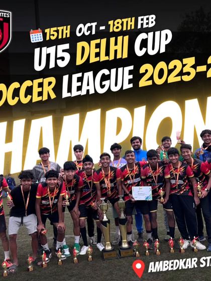The U-15 dream team, unbeaten champions of the Delhi Cup Soccer League, showcasing their trophies and medals.