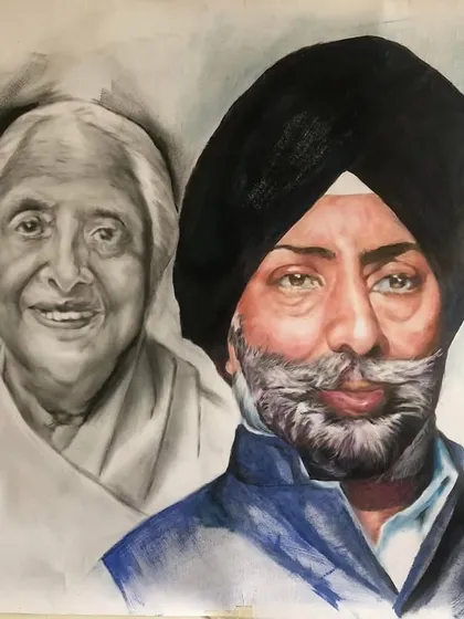 A merged portrait combining a dry brush sketch with a colored pencil drawing. This unique piece was created to bring two separate individuals together in one frame.