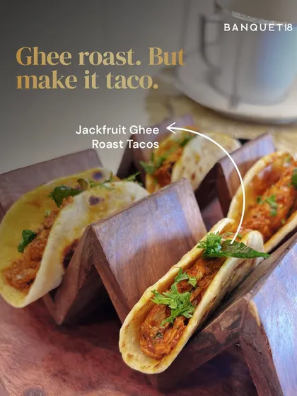 This is where tradition meets a playful twist. We created these pulled jackfruit ghee roast tacos for a couple who wanted to honour their South Indian roots while surprising their guests. It’s the perfect example of how we blend familiar comfort with exciting new forms.