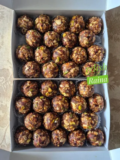 A large order of Dry Fruit Laddoos, showing how I cater to bulk requests for families or gifting. Every laddoo is made with the same care and quality ingredients.
