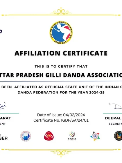 The official affiliation certificate for the Uttar Pradesh Gilli Danda Association. We certify state-level units to ensure a structured and official network for the development of traditional sports across India.