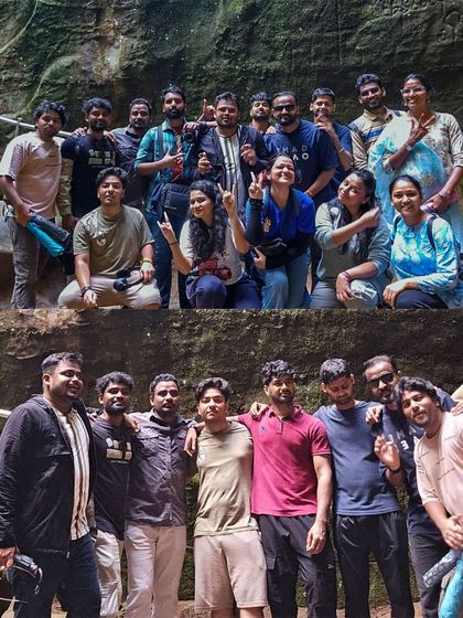 A collage from our Wayanad adventure, showing the group exploring caves and enjoying the views.