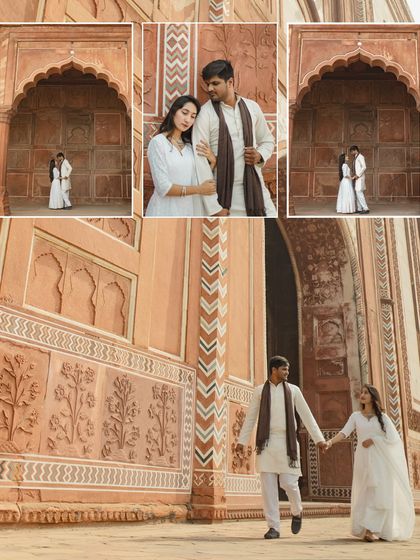 Using the stunning archways and detailed walls of the Taj Mahal complex, we created a series of classic portraits. The couple's coordinated white outfits add to the serene and elegant feel of the shoot.
