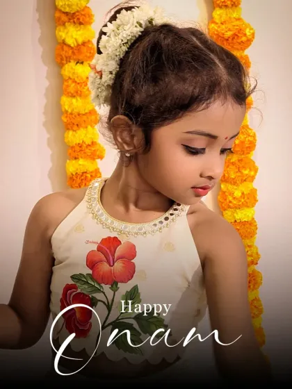 Celebrating Onam in style with our hand-painted hibiscus lehenga. The traditional colors and floral art perfectly complement the festive atmosphere, creating beautiful memories.