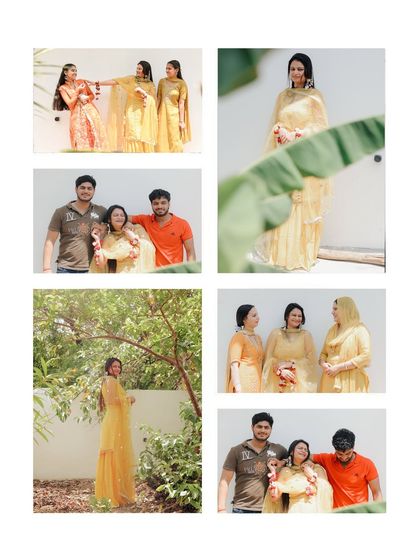 This collage shows the different group photos from a Haldi day. I make sure to capture the bride with her friends and various family members, creating a complete album of memories.