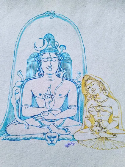 This artwork was inspired by the endless debates over the concept of the Guru. It depicts the story of Amarnath, where Shiva teaches Parvati, who falls asleep. Who is the true teacher? Perhaps it is the one who ensures the secret is delivered, even in slumber.