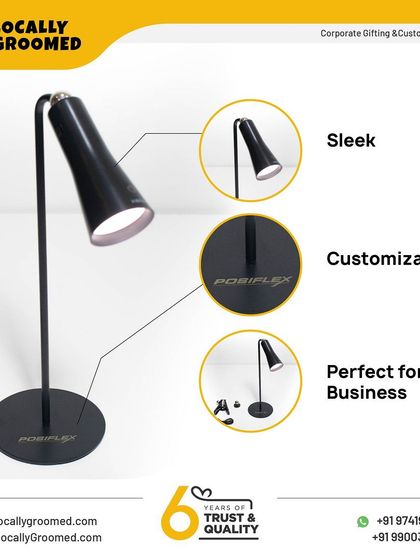 A sleek, modern desk lamp customized for Posiflex. This is an example of the unique and high-end office accessories we can source and brand for you.