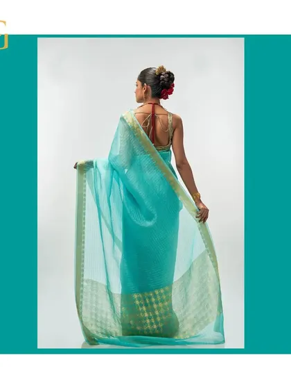 Another back view of the aquamarine saree, capturing the beautiful interplay of light through the organza fabric.