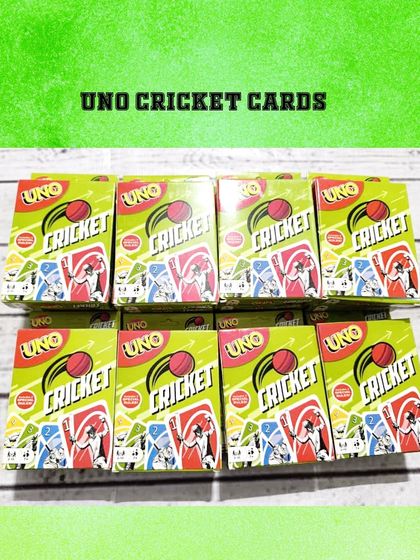 A closer look at the UNO Cricket card game boxes. This special edition of the classic game is always a huge hit at cricket-themed parties.