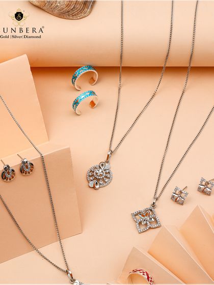 Silver that speaks elegance. This collection includes delicate chain and pendant sets, earrings, and rings, all finely curated for a timeless look.
