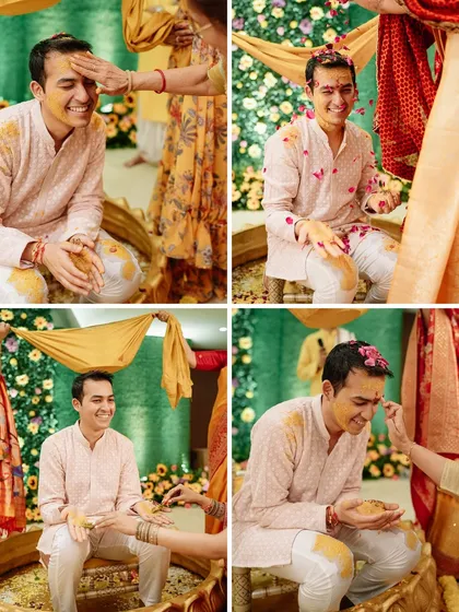 A collage of the groom's Haldi rituals, from receiving blessings to being playfully smeared with turmeric by his loved ones.