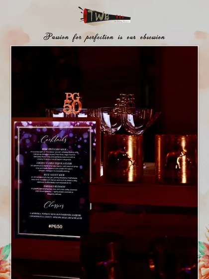 A personalized cocktail menu designed for a 50th birthday party, featuring the event's hashtag #PG50 and a custom "PG 50" topper.